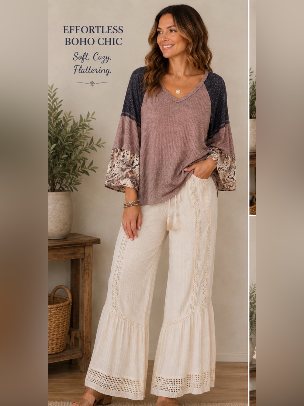 Hummingbird Dusty Mauve Knit Top with Heathered‎ Charcoal Trim